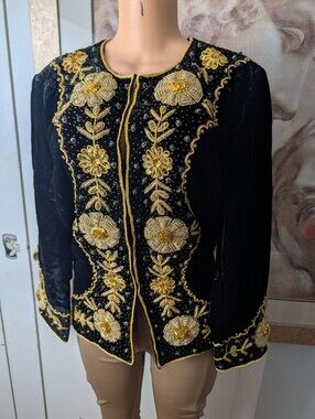 Vintage Jewel Queen Black Velvet Beaded Sequin Jacket Size S